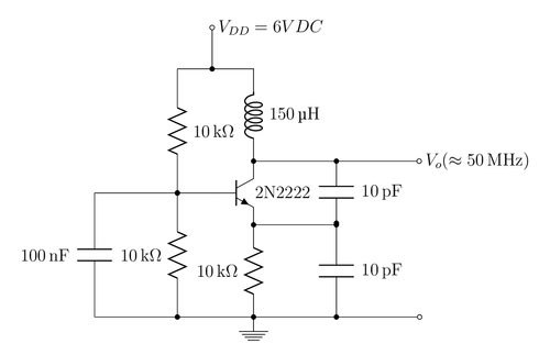 Colpitts oscillator, with npn transistor